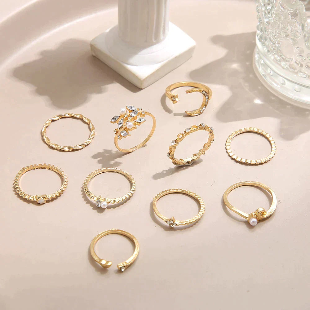 10 PAIRS BOHEMIAN SILVER AND GOLD RINGS | ELEGANT STYLE, DIVERSE COMBINATION
