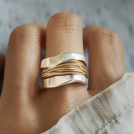 SILVER GOLD THREAD RING | ELEGANT COMBINATION JEWELRY