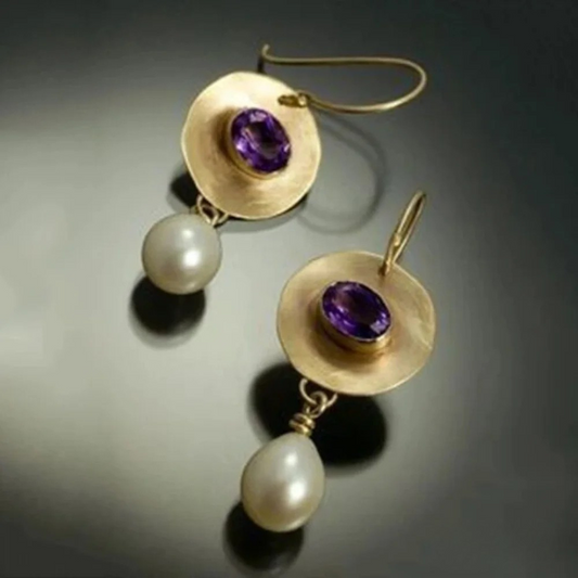 VINTAGE GOLD PURPLE ZIRCONIA PEARL EARRINGS | ELEGANT SHINE, TIMELESS DESIGN