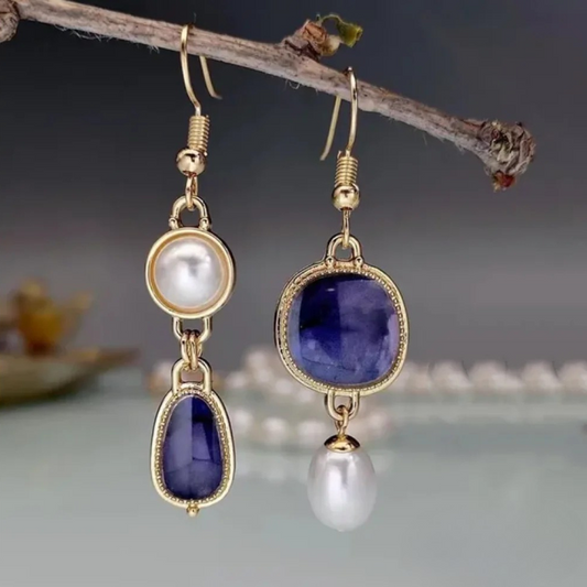 VINTAGE BLUE STONE PEARL EARRINGS | ELEGANT CLASSY LOOK