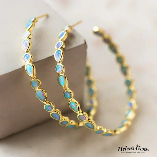 VINTAGE BLUE OPAL GOLD HOOP EARRINGS | ELEGANT DESIGN, GENUINE OPAL